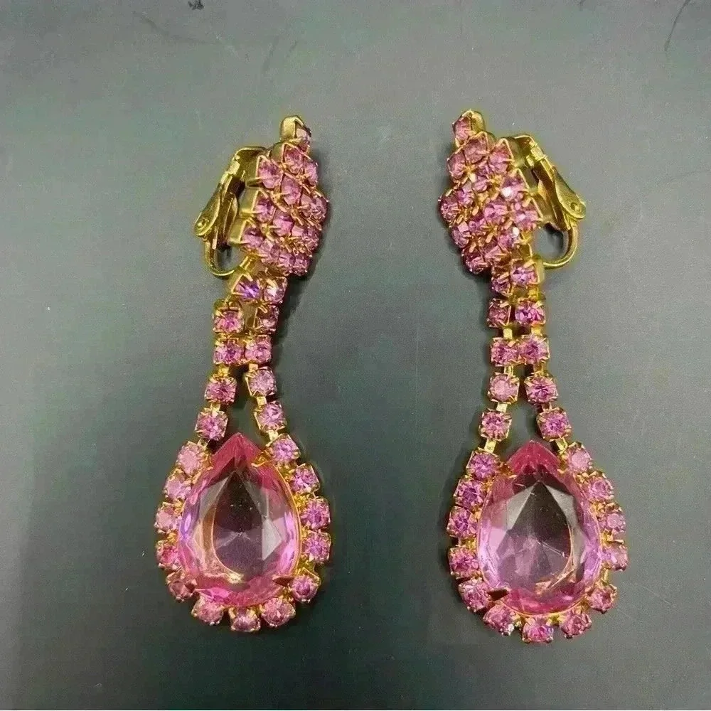 Classic Fashion Eardrop Dangle Drop Earrings Rhinestone Crystal Pink Gold-Tone